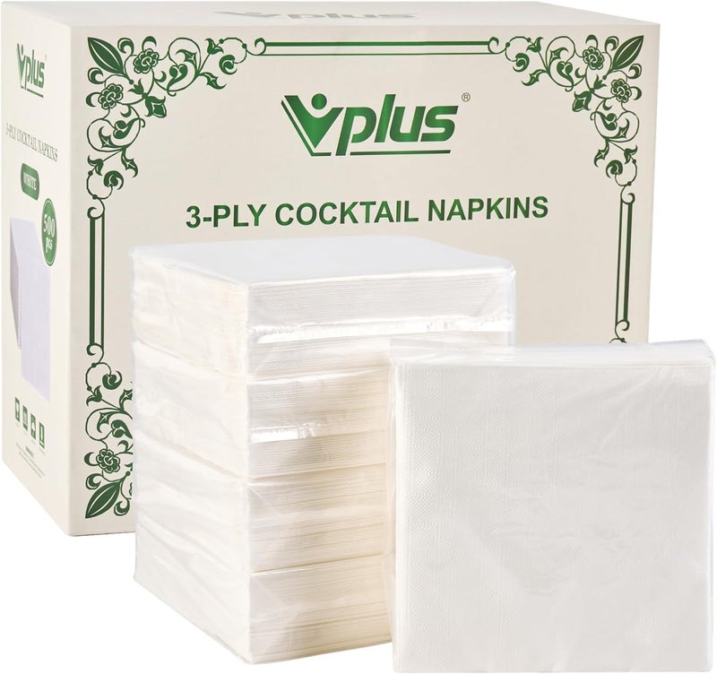 Vplus 500 Pack Cocktail Napkins Paper, 3-Ply Beverage Napkins, Disposable White Square Napkins, Perfect for Restaurant, Event, Bar, Wedding, Baby Shower and Daily Use - Image 1